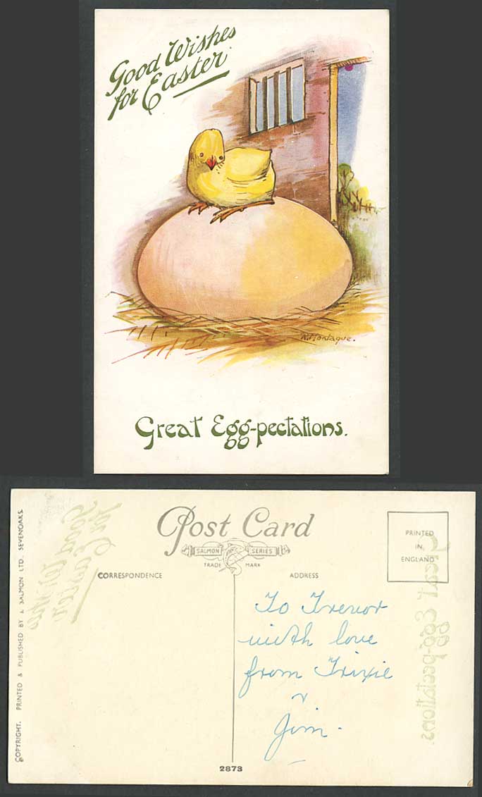 R. Montague, Chick Bird, Good Wishes for Easter Great Egg-Pectation Old Postcard