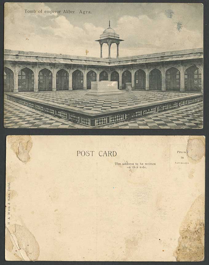 India Old Postcard Tomb of Emperor Akber Agra, H. A. Mirza & Sons Delhi, Unused