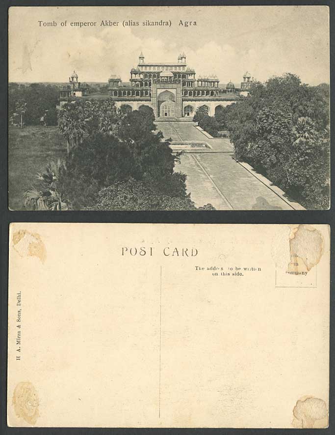 India Old Postcard Tomb of Emperor Akber (Alias Sikandra) Agra, Fountain Gardens