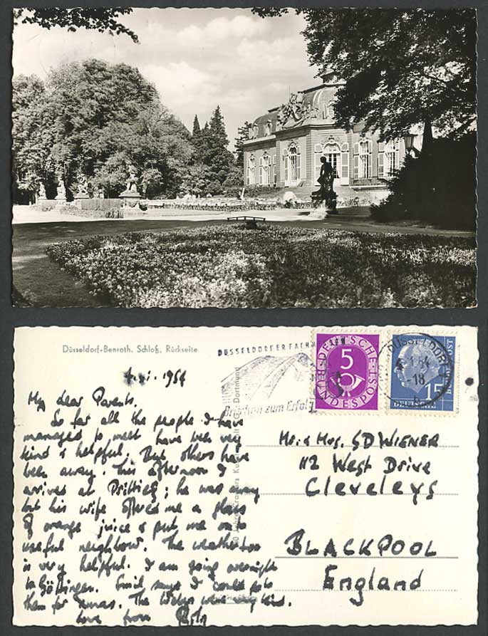 Germany 1954 Old RP Postcard Duesseldorf Benrath Schloss Rueckseite, Castle Back