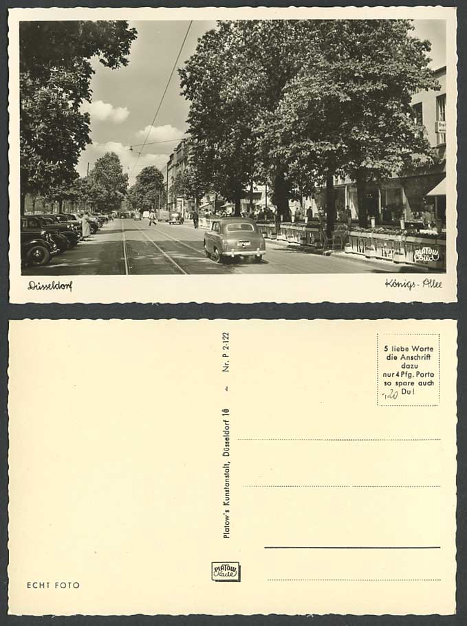 Germany Old Postcard Duesseldorf Street Scene, Vintage Motor Car, Tramlines Cars