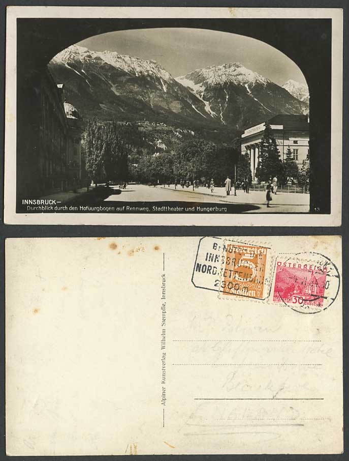 Austria Innsbruck Rennweg Street Scene Mountains City Theatre 1934 Old Postcard