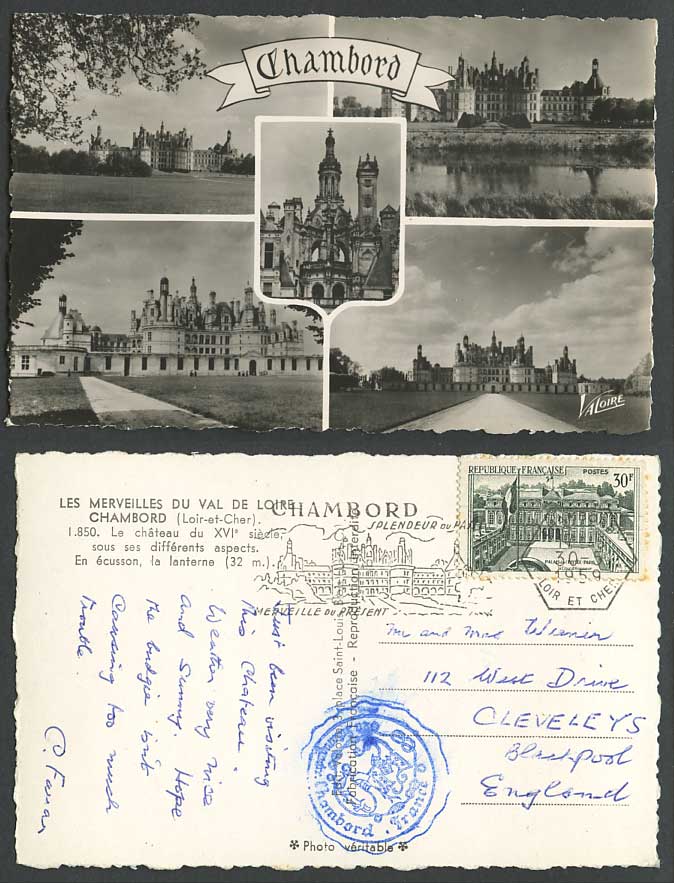 France Chambord Castle Palace Loire Valley 30f 1959 Old RP Postcard Val de Loire