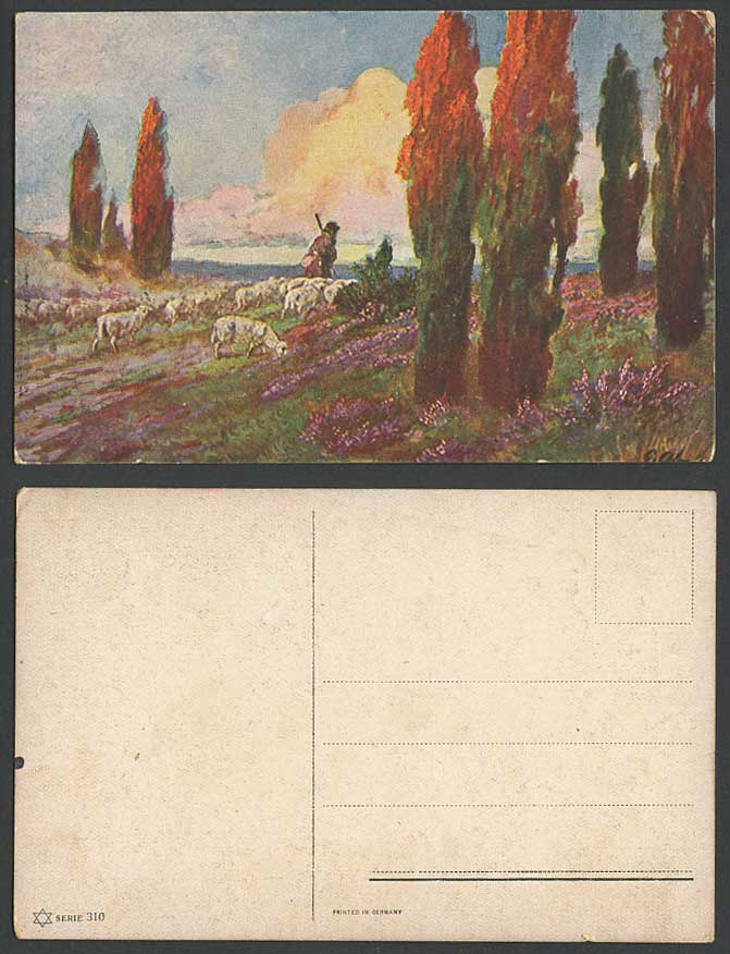 SHEEP & Shepherd Countryside Trees Flowers Art Artist Signed Old Colour Postcard