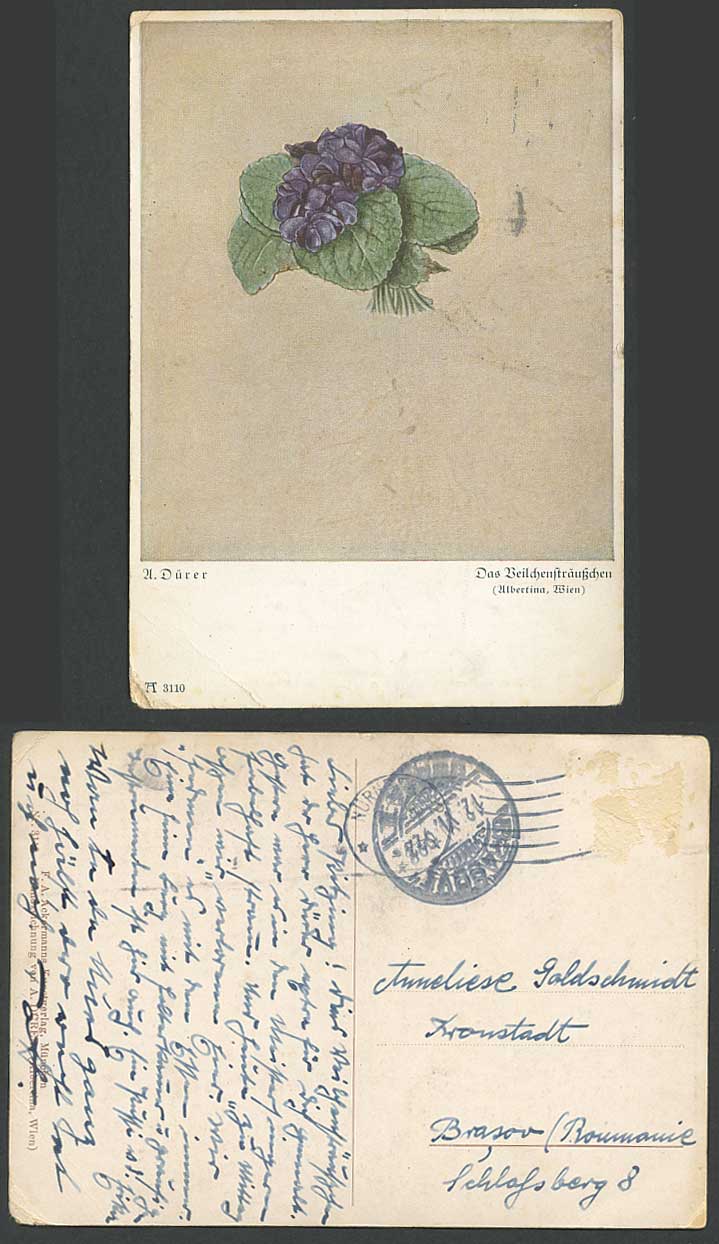 A. Duerer VEILCHENSTRAEUSSCHEN Old Colour Postcard VIOLET Flowers Artist Drawn