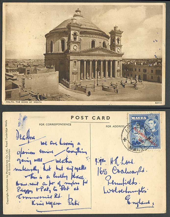 Malta Self Government Overprint KG6 3d Air Mail Old Postcard Dome of Mosta Musta