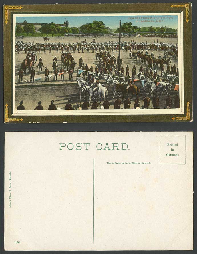 India Old Color Postcard Imperial Procession from Fort in Readiness Delhi Horses