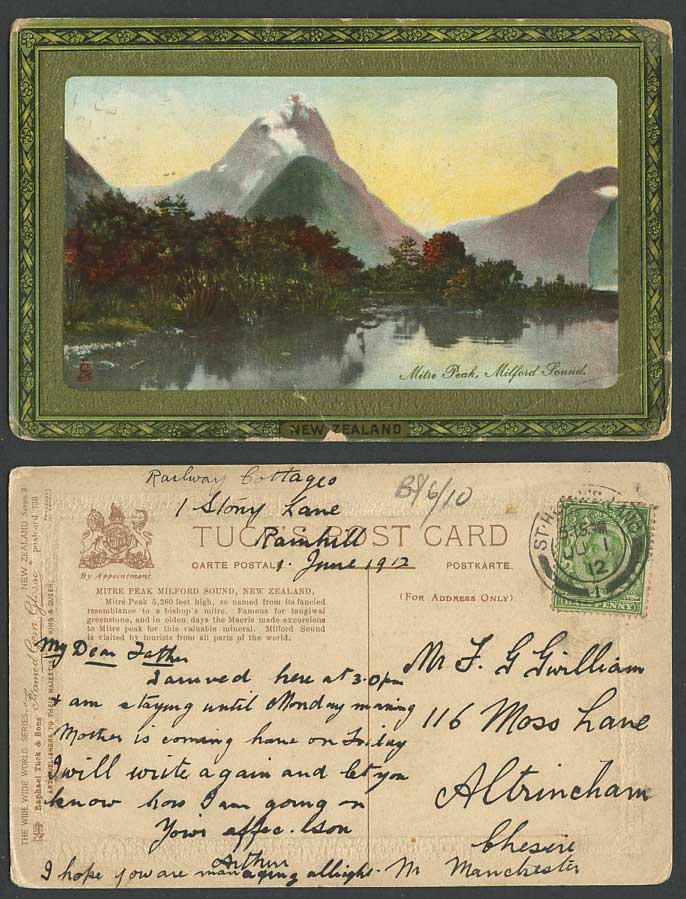 New Zealand 1912 Old Tuck's Postcard MITRE PEAK 5,260 feet Milford Sound Lake