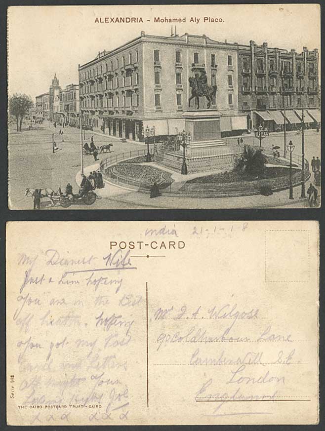 Egypt 1918 Old Postcard Alexandria Mohamed Aly Place Horse Rider Statue Carriage