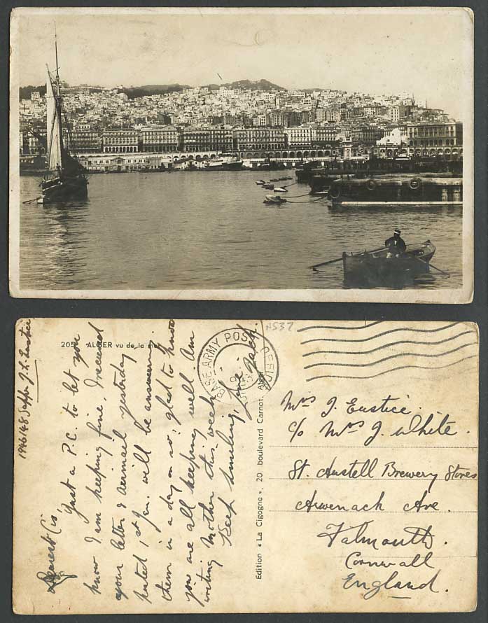 Algeria Base Army Post Office 1913 Old Postcard Alger Vue de la Mer Sailing Boat