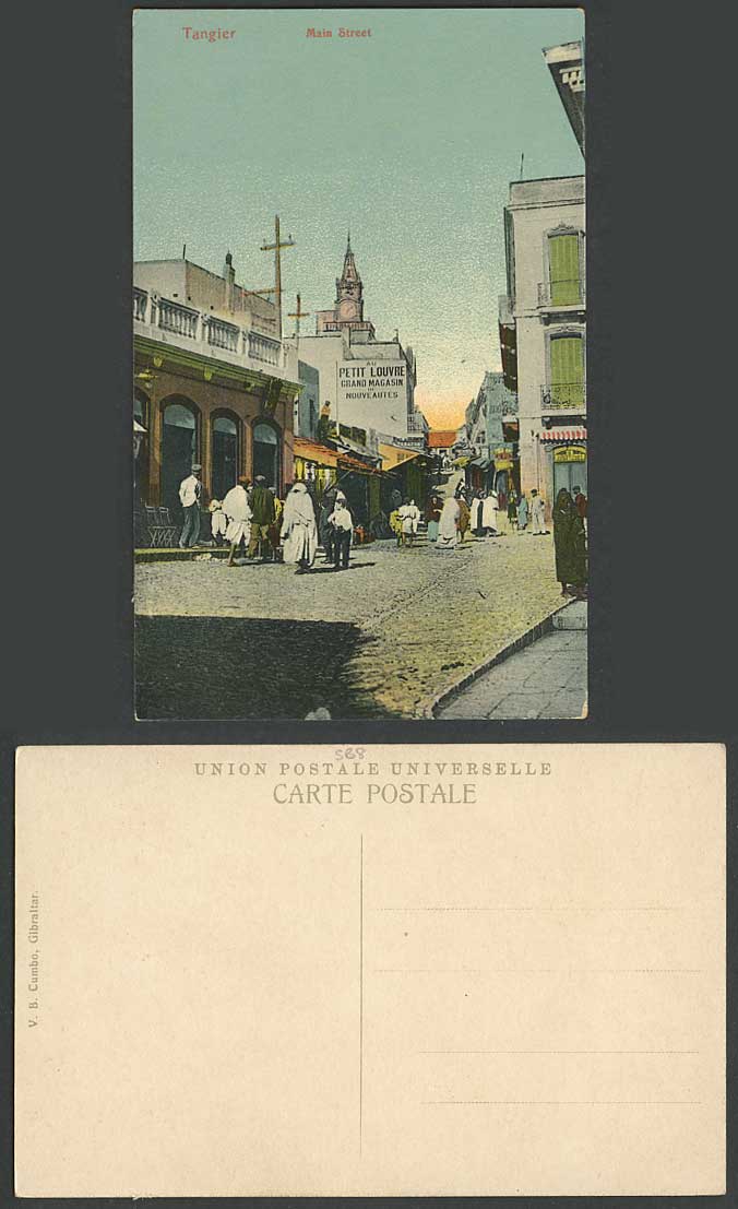 Morocco Old Postcard Tangier Tanger, Main Street Scene, Clock Tower Petit Louvre