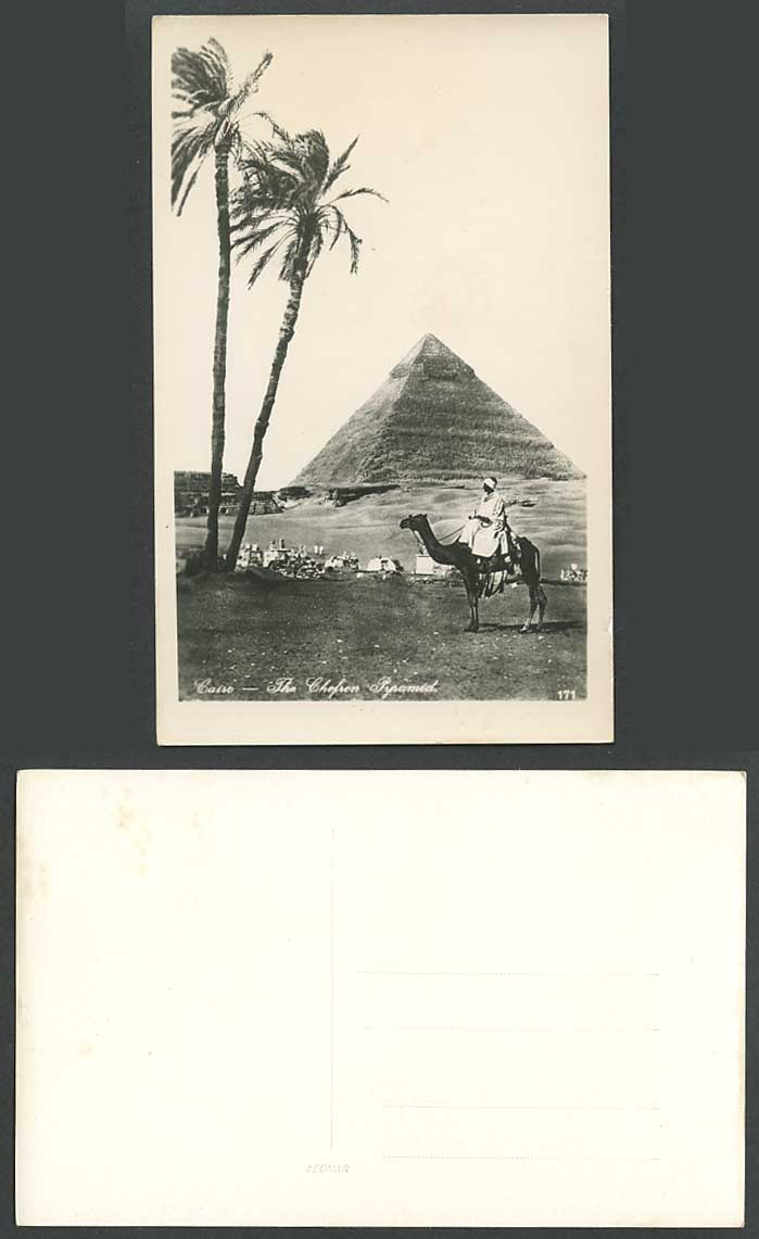 Egypt Old Real Photo Postcard Cairo Great Pyramid Chefren Camel Rider Palm Trees