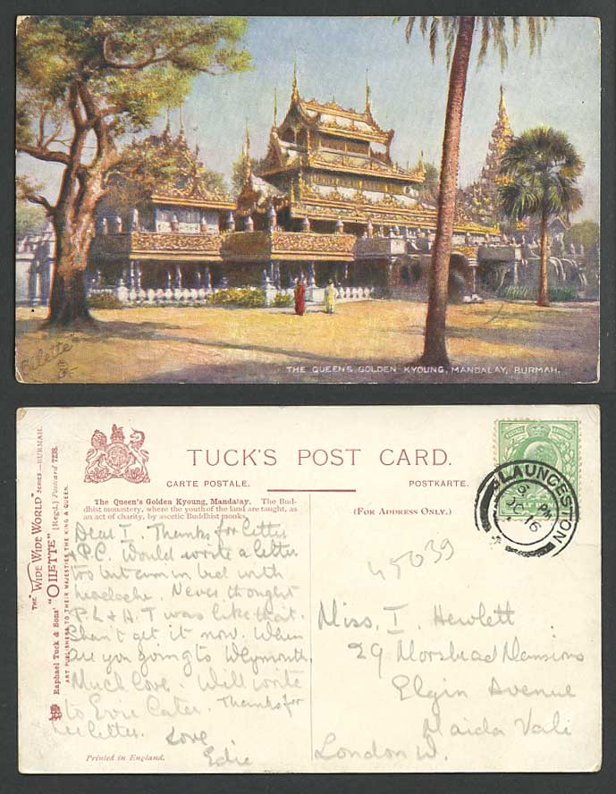 Burma 1910 Old Tuck's Oilette Postcard Queen's Golden Kyoung Mandalay Pagoda ART