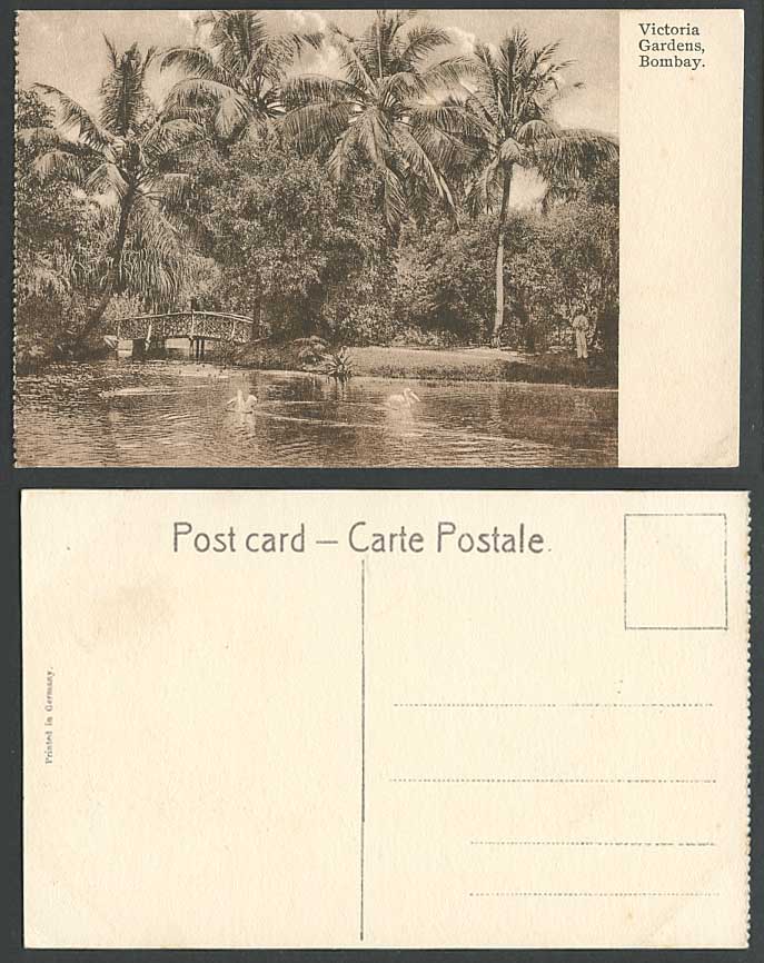 India Old Postcard VICTORIA GARDENS BOMBAY, Bridge Pelican Birds Palm Trees Lake