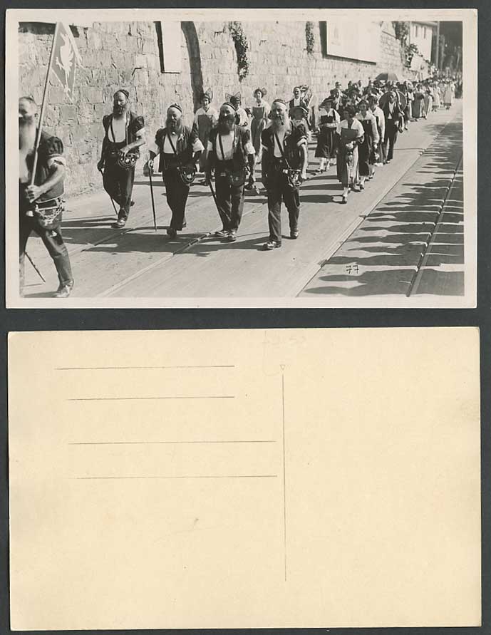 Ethnic Flag Street Procession Men Smoking Pipes Costumes Old Real Photo Postcard