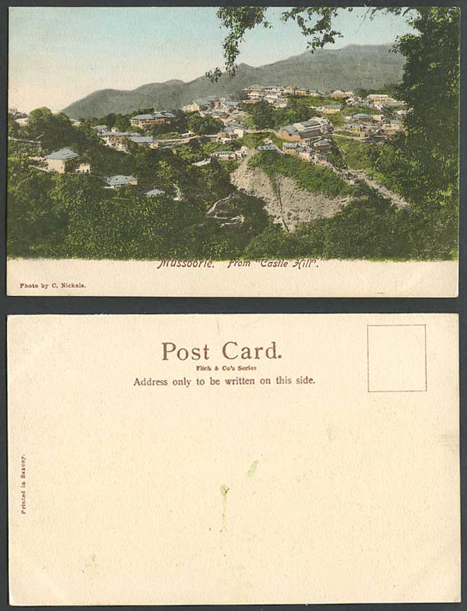 India Old Hand Tinted Postcard MUSSOORIE from Castle Hill, Mountains Panorama UB