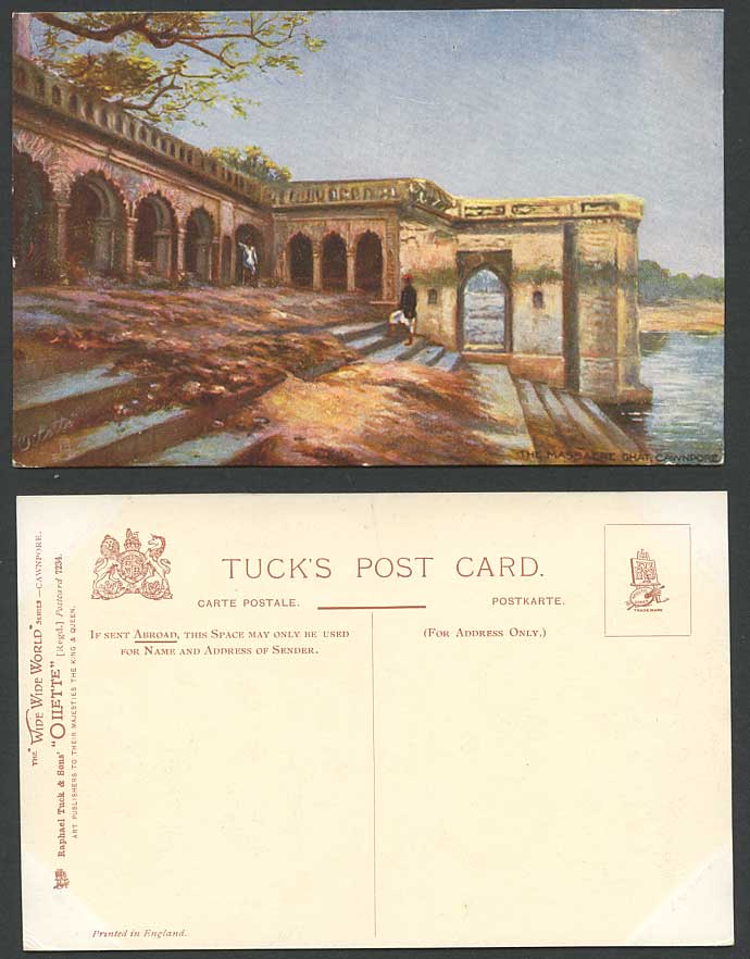 India Old Tuck's Oilette Postcard Massacre Ghat Cawnpore River Scene Steps 2 Men