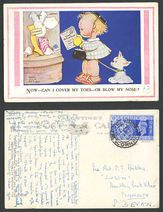 MABEL LUCIE ATTWELL 1948 Old Postcard Can I Cover My Toes Blow My Nose? DOG 606
