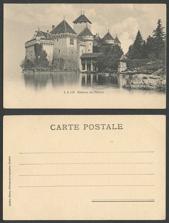 Switzerland Swiss Old U.B. Postcard CHATEAU DE CHILLON J.J.3D Boats, Lake, Trees