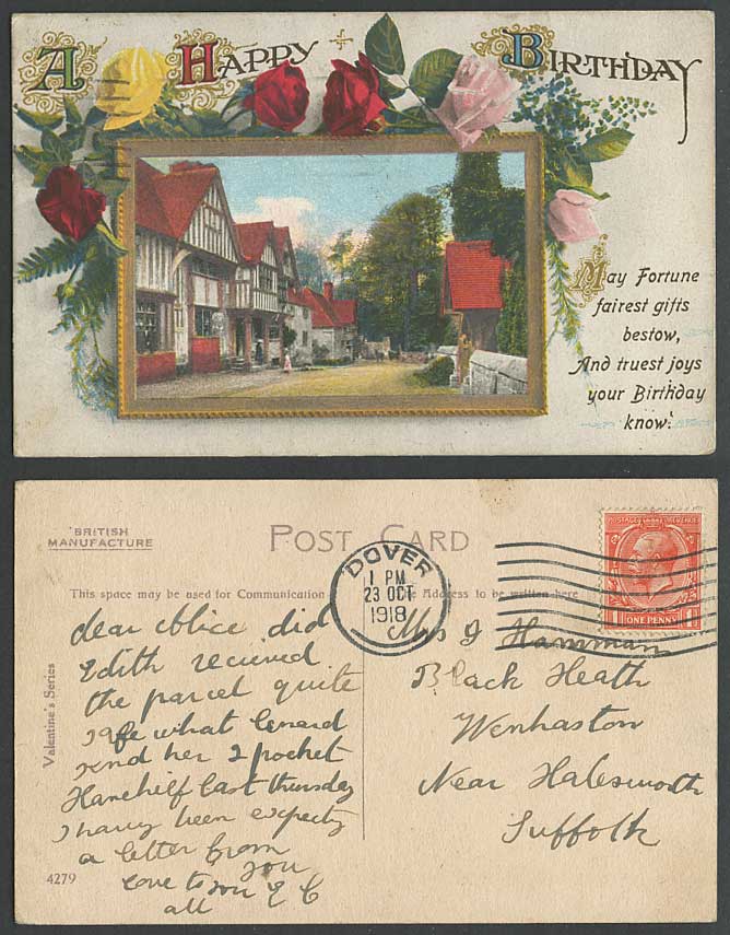 Roses Rose Flowers, Tudor House, Street Scene A Happy Birthday 1918 Old Postcard