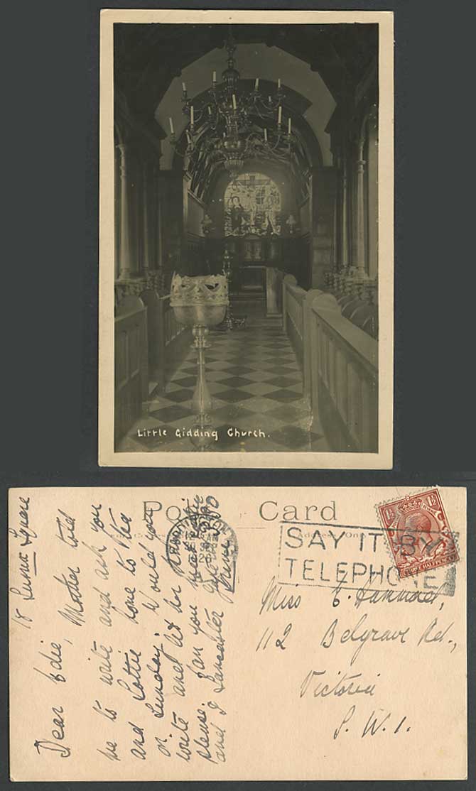 Cambridgeshire 1926 Old Real Photo Postcard LITTLE GIDDING CHURCH Interior Phone