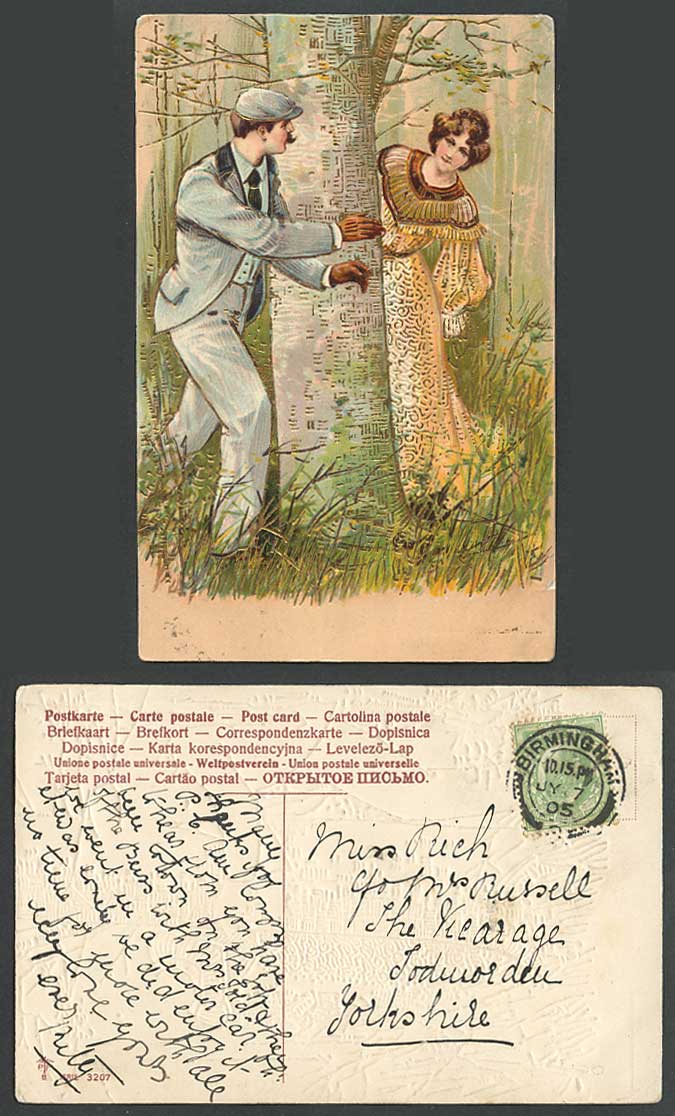 Romance 1905 Old Postcard Gentleman Man & Woman Lady Hide and Seek, Forest Woods