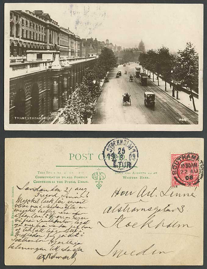 London - Sweden 1908 Old Real Photo Postcard THAMES EMBANKMENT Street Scene TRAM