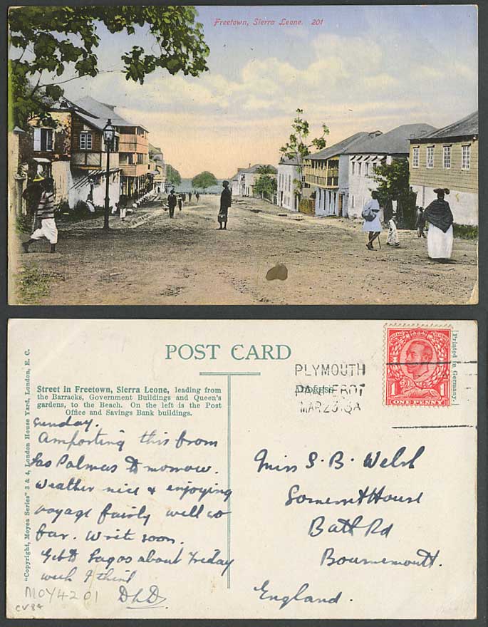 Sierra Leone Plymouth Paquebot KG5 1913 Old Postcard Freetown Street Post Office