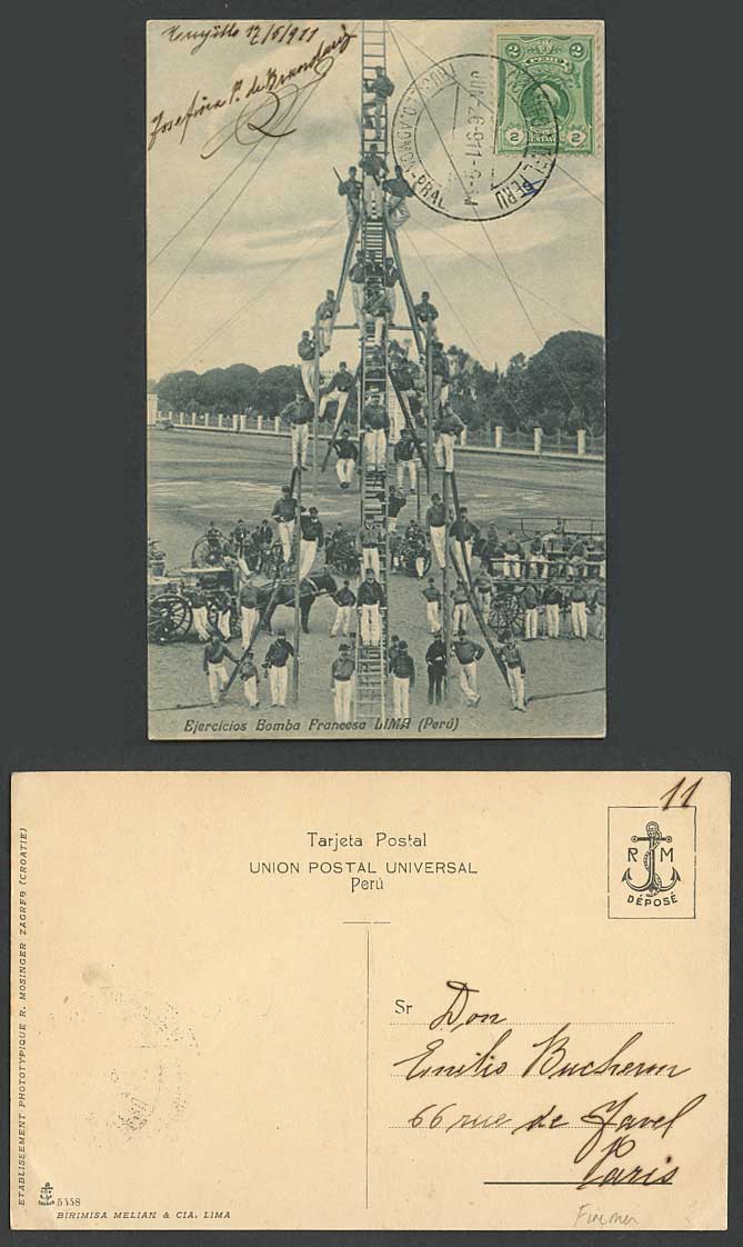 Peru Lima 2c 1911 Old Postcard Ejercicios Bomba Francesa, French Soldiers Ladder