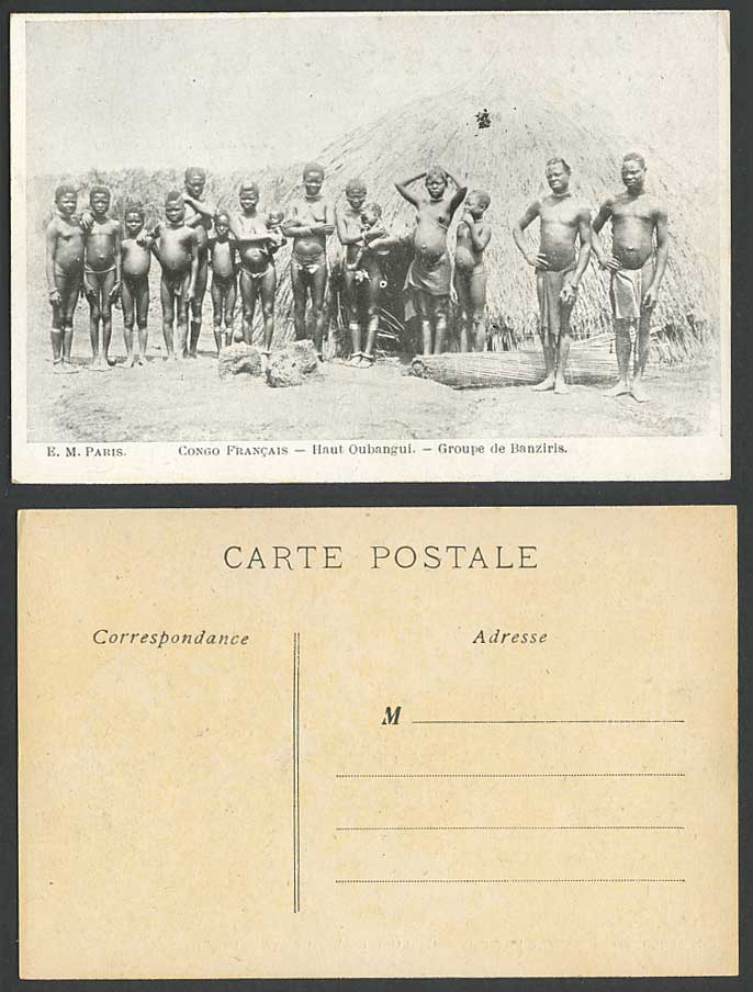 French Congo Old Postcard Haut Oubangui Banziris Native Men Children Woman & Hut