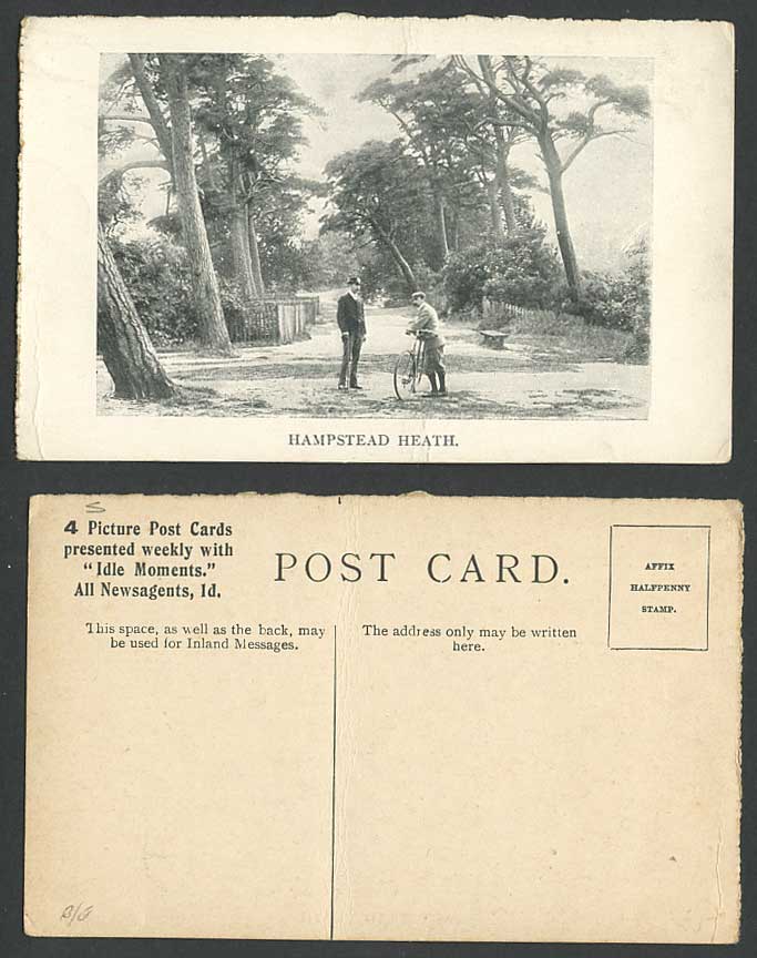 London Hampstead Heath, Bicycle, Idle Moments All Newsagents 1d Ad. Old Postcard