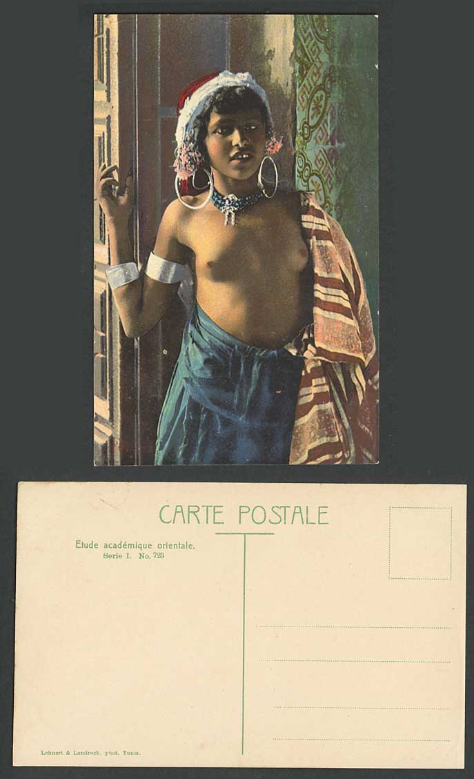 Tunisia Old Postcard Native Arabe Arabic Arab Young Girl with Smile Earrings Hat