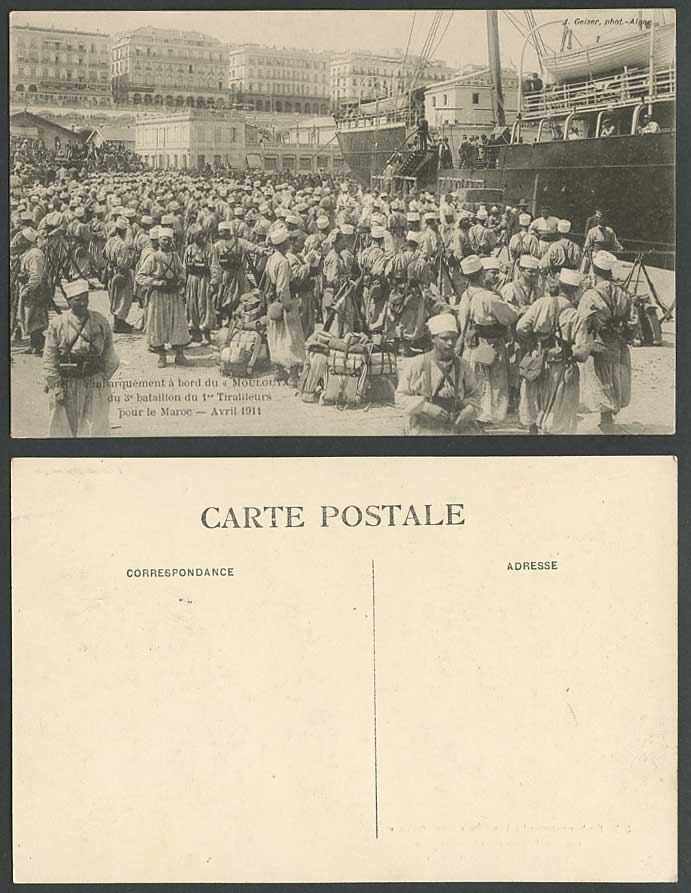 Morocco Apr. 1911 Old Postcard 3 Bataillon Riflemen Soldiers Board Moulouya Ship