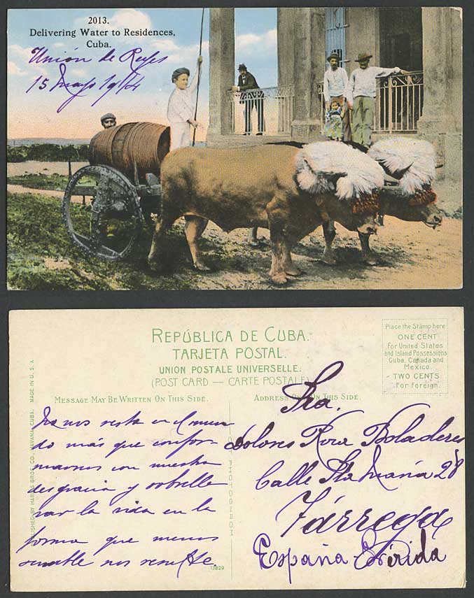 Cuba 1904 Old Postcard Fur Decorated Cattle Cart Delivering Water to Residences