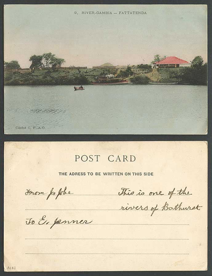 Gambia River Scene Fattatenda Boats Canoe Bathurst Old Hand Tinted U.B. Postcard