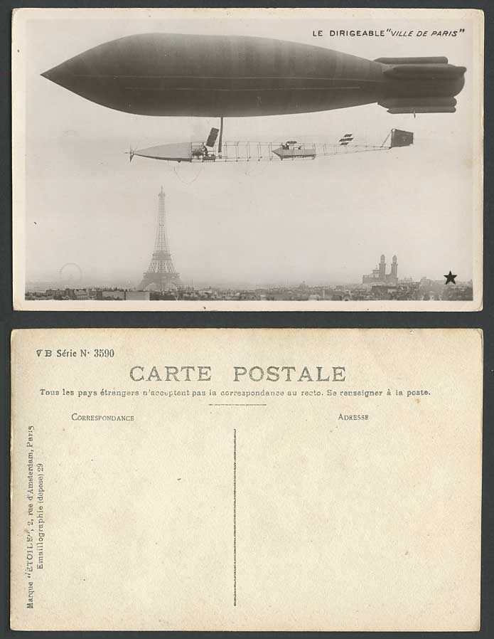 Le Dirigeable Ville de Paris, Airship ZEPPELIN Balloon Eiffel Tower Old Postcard