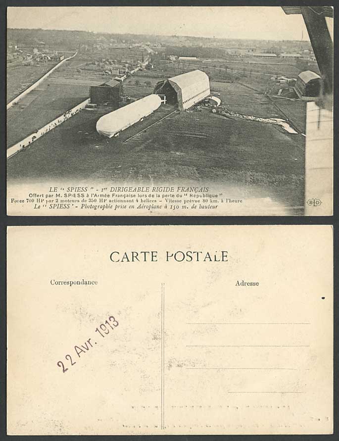 Airship SPIESS Hangar French Army Aerial View Zeppelin Balloon 1913 Old Postcard