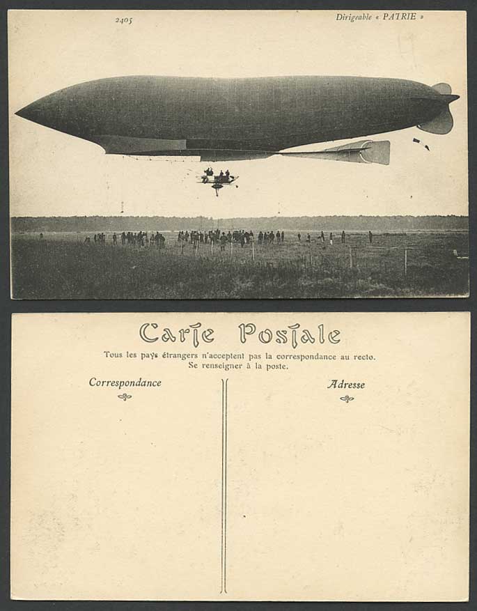 Dirigeable, PATRIE, Airship French ZEPPELIN Balloon Flag Crowd 2405 Old Postcard