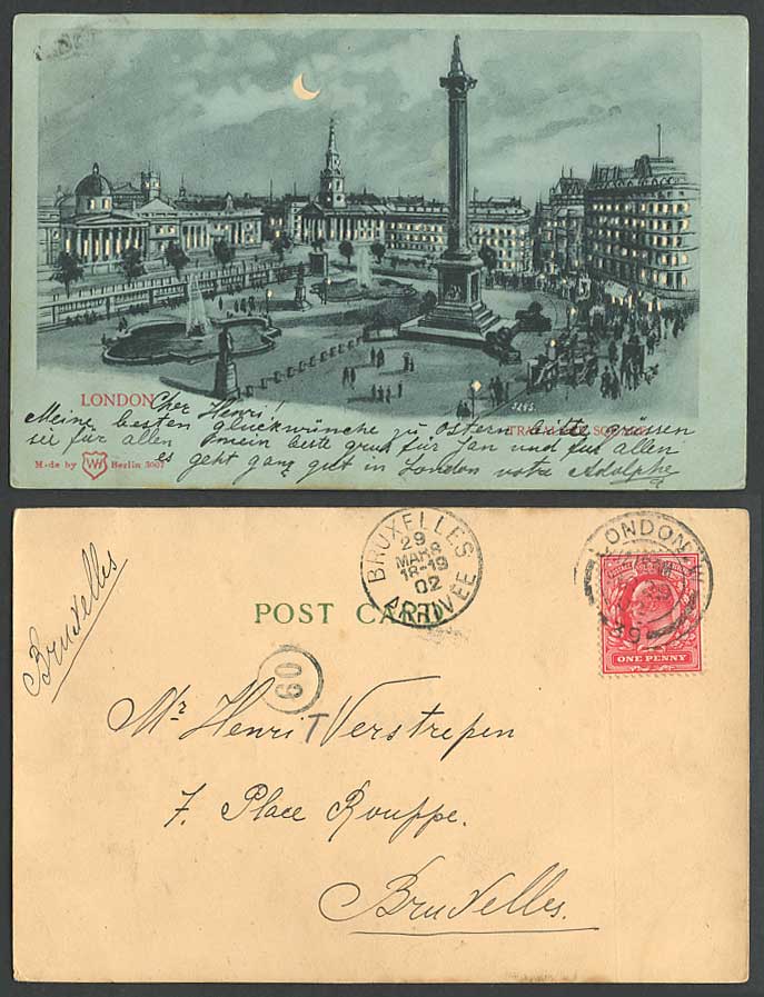 Hold To The Light London 1902 Old Postcard Trafalgar Square Nelson's Column Moon