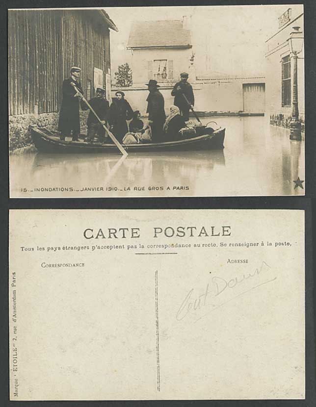 PARIS FLOOD 1910 Old Postcard La Rue Gros A Paris, Rescue Workers & Boat Flooded