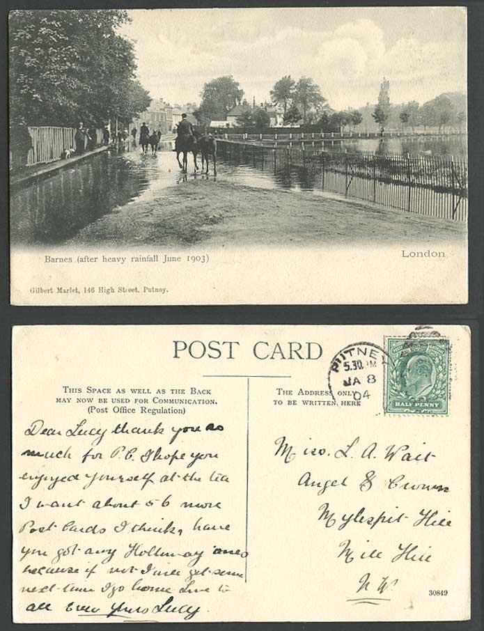 London Barnes after Heavy Rainfall June 1903 Flooded Street Rd 1904 Old Postcard