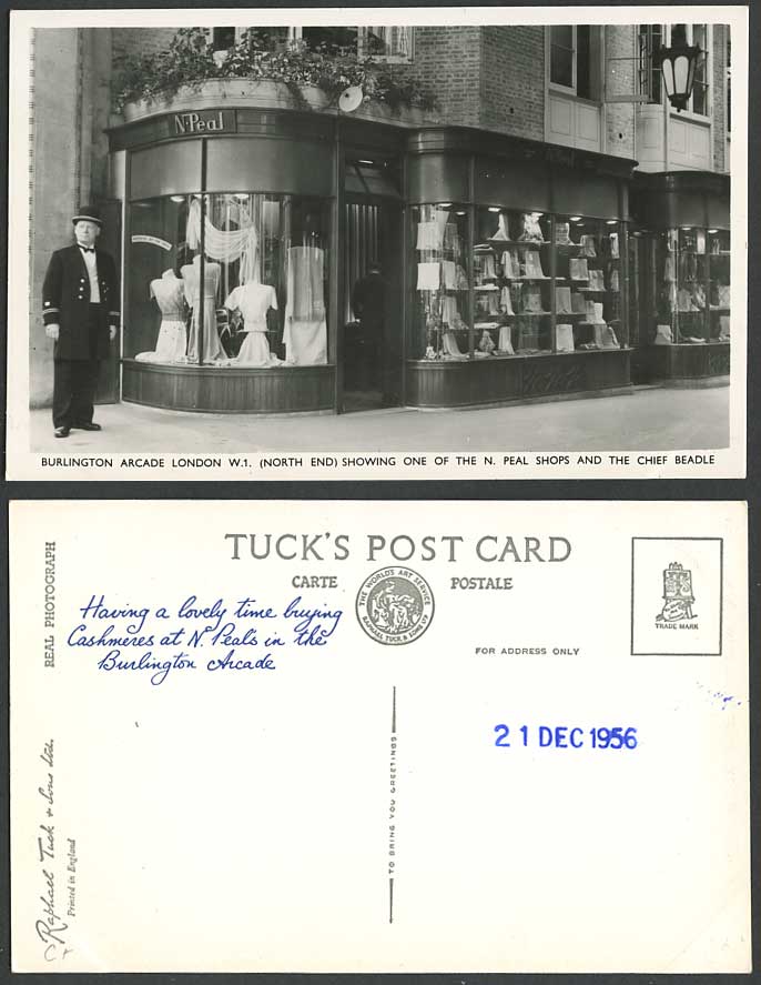 London W1 1956 Old Tuck's Postcard Burlington Arcade N. Peal Shop & Chief Beadle