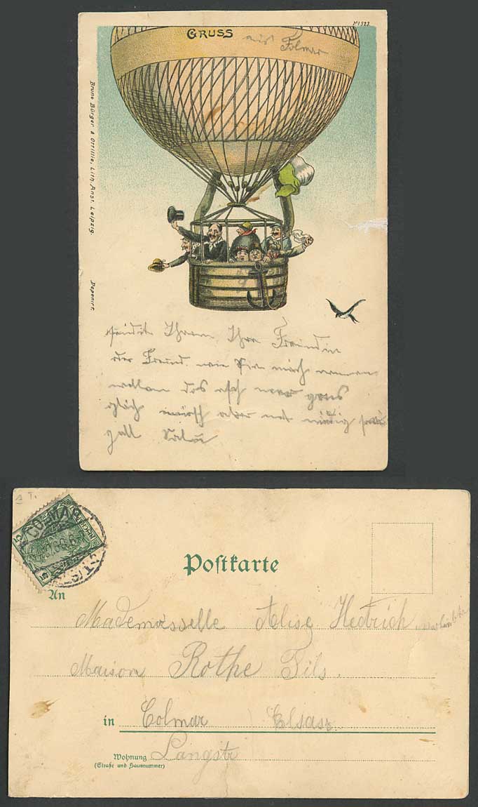 Balloon Aircraft Gruss German 1900 Old Postcard Bird Comic Humour Undivided Back