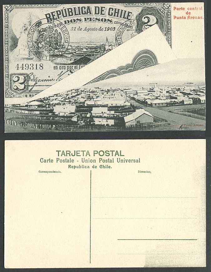 Chile 2 Pesos Banknote 1903 Old Postcard Punta Arenas Central Part, Street Scene