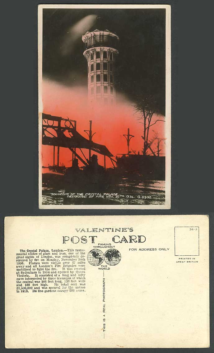 London Crystal Palace Sydenham Destroyed Completely by Fire in 1936 Old Postcard