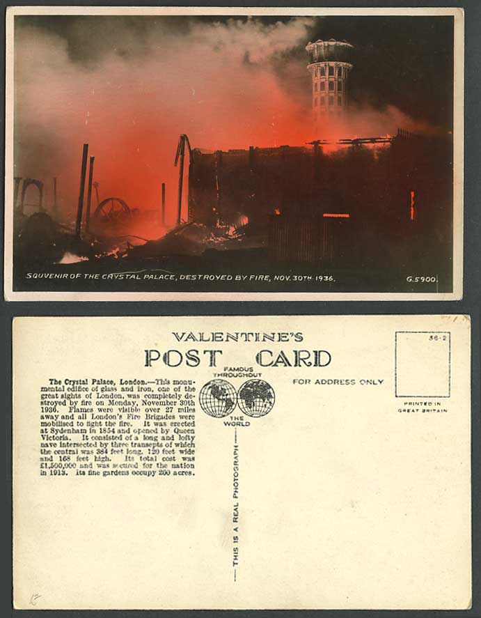 London The Crystal Palace Sydenham Destroyed by Fire Nov. 30th 1936 Old Postcard