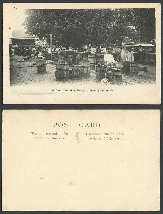 Gambia River Bathurst View of Market Native Sellers Vendors Barrels Old Postcard