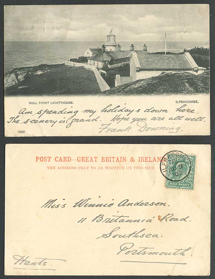 Ilfracombe KE7 1/2d 1902 Old Postcard Bull Point Lighthouse Devon Undivided Back