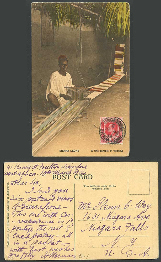 Sierra Leone 1d. 1914 Old Hand Tinted Postcard Native Weaver Weaving Fine Sample