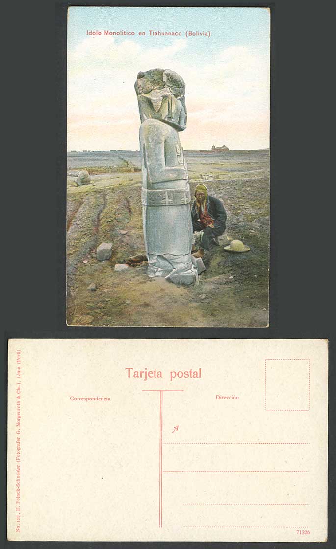 Bolivia Old Postcard Monolithic Idol in Tiwanaku, Idolo Monolitico en Tiahuanaco